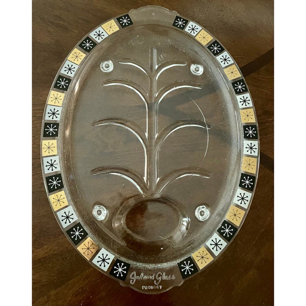 VINTAGE MCM Inland Glass ATOMIC STAR GLASS OVAL PLATTER - 1950s Black White Gold
